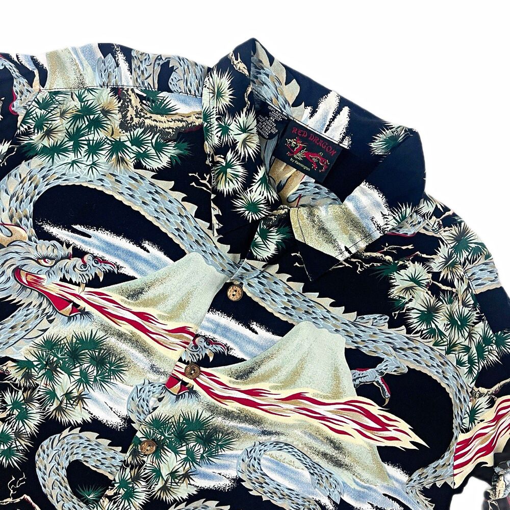 Kennington Red Dragon 80’s vtg Men's XL Rayon Dragon/Mountain Motif Button-Up